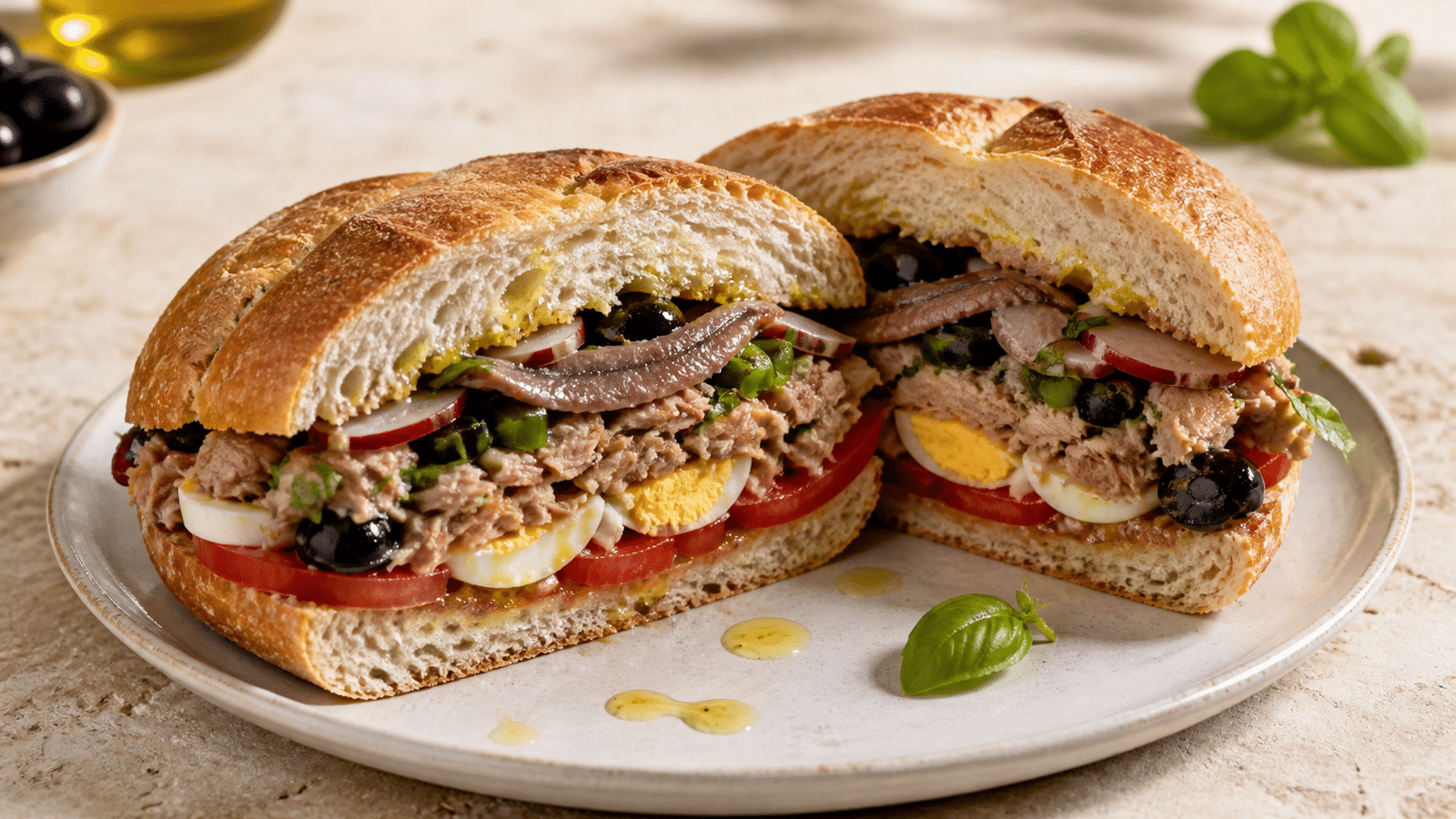 Pan bagnat niçois au thon, anchois, œuf, tomates et olives noires