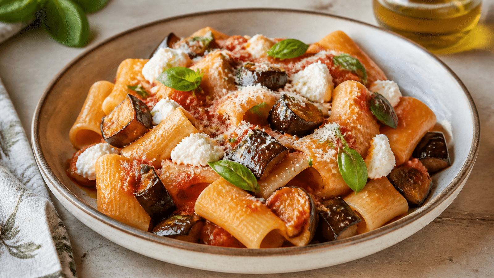 Pasta alla Norma aux aubergines rôties prêt à servir